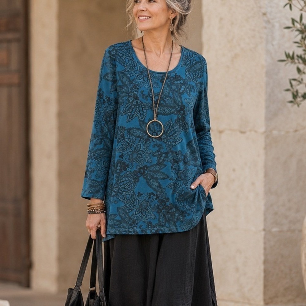 BRYN WALKER Floral Lagenlook Tunic XL‎ Floral Long Sleeve Top Autumn Comfy Teal